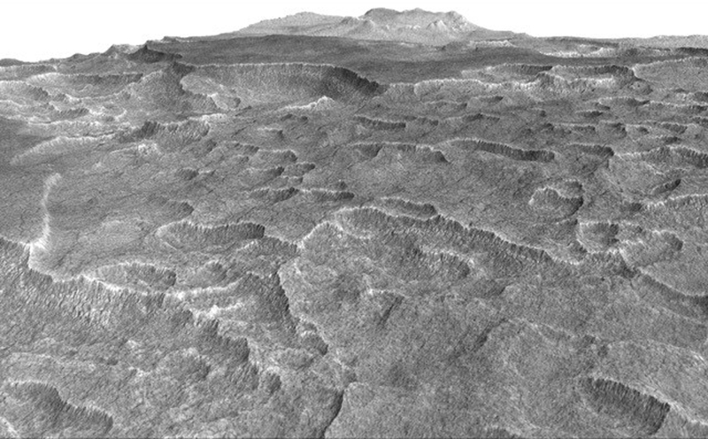 A vertically exaggerated view of Utopia Planitia, showing depressions that prompted researchers to look for buried ice. Image: NASA/JPL-Caltech/Univ. of Arizona